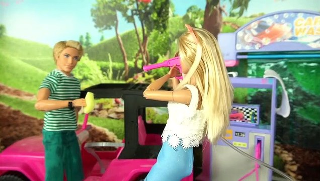 Barbie & Ken Car Wash Cleaning Morning Routine - Doll Grocery Store Gas Station with Elsa Anna