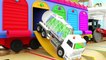 Learn Colors with Train Wagon TRansporting Tractor, Wrekcer Truck, Fire Truck Cartoon Parking Vehilc