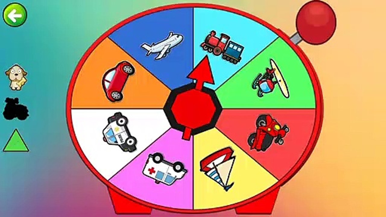 Vehicle names,  pictures and sounds with spin game for kids