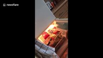 Adorable little boy has hilarious reaction when mom catches him sneaking food from fridge