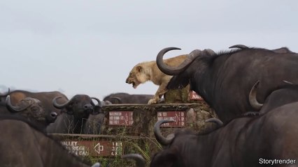 Buffalo Herd Surrounds Lonely Lion
