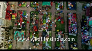 Dashmile Bridge, colourful West Bengal, lifestyle and red boats, India , Aerial 4k stock footage