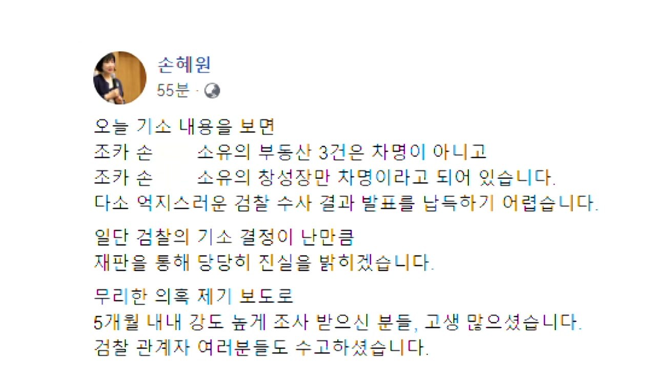 손혜원 "억지스러운 수사 결과...납득 어려워" / YTN