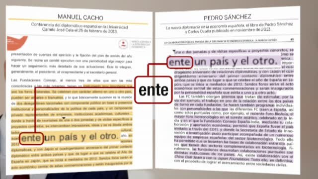El libro que siguió a la tesis de Sánchez reproduce parcialmente ocho párrafos de una conferencia de un diplomático