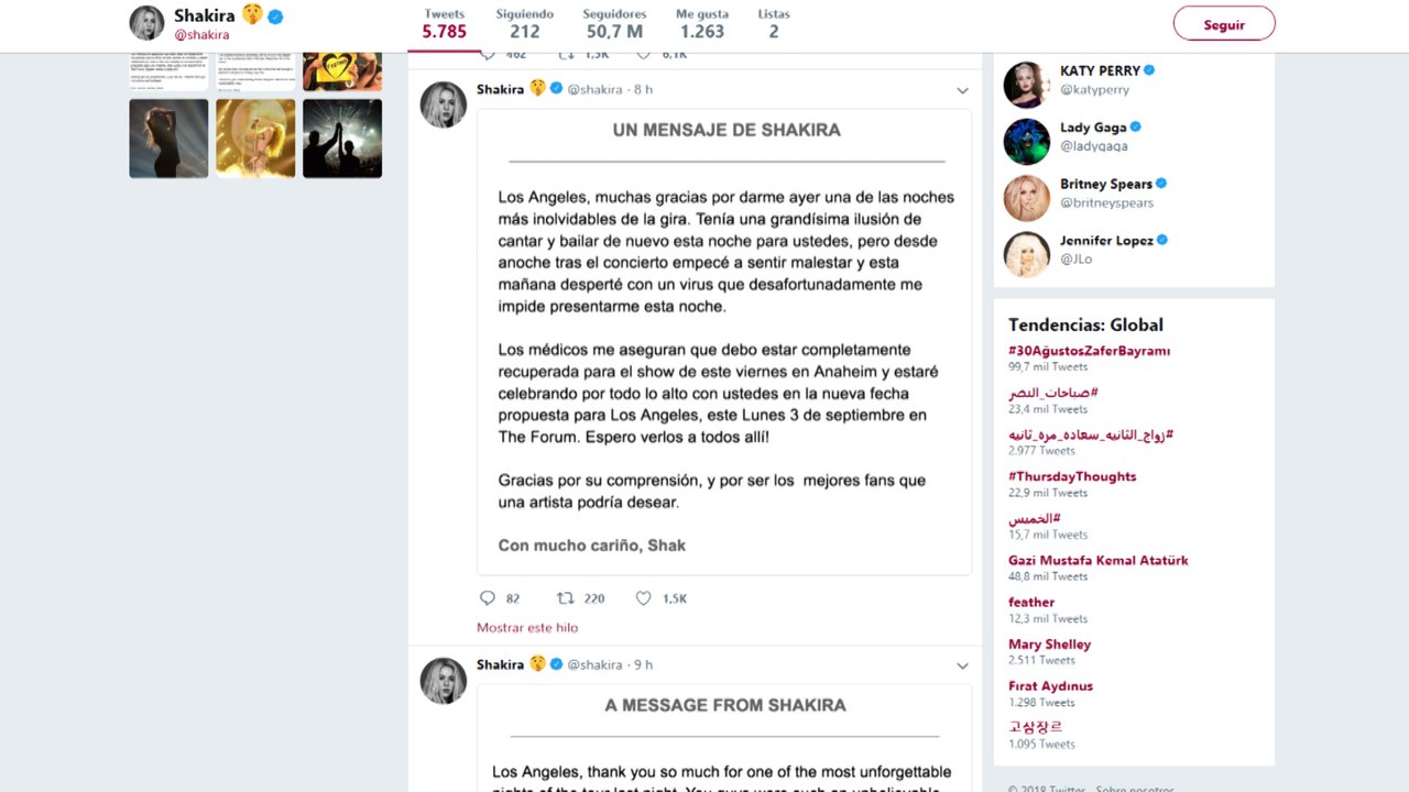 Shakira cancela su concierto en Los Ángeles por un virus