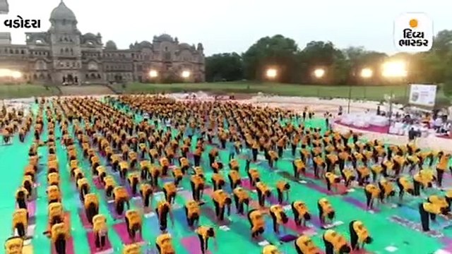 વિશ્વ યોગ દિવસ પહેલાં લક્ષ્મી વિલાસ પેલેસમાં 1 હજાર લોકોએ 108 સૂર્ય નમસ્કાર કર્યાં