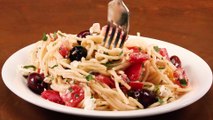 Spaghetti with Tomatoes Black Olives Garlic and Feta Cheese