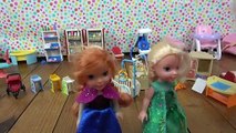 Elsa and Anna toddlers with pregnant Mal go shopping for her baby in Barbie's shop