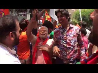Celebrations outside BJP office at Malleshwaram in Bengaluru