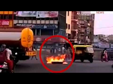 Miscreants set tire ablaze in Mandya, during bandh over Hindu-Muslim couple's wedding