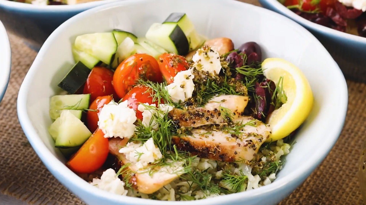 How to Make Greek Cauliflower Rice Bowls with Grilled Chicken
