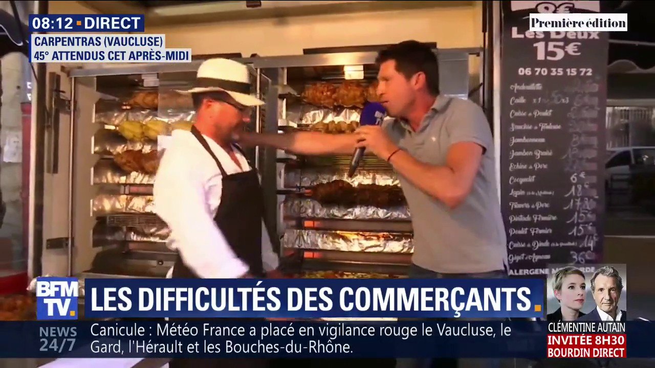 Sur le marché de Carprentras, Michel, rôtisseur, fait griller la viande sous 45°C