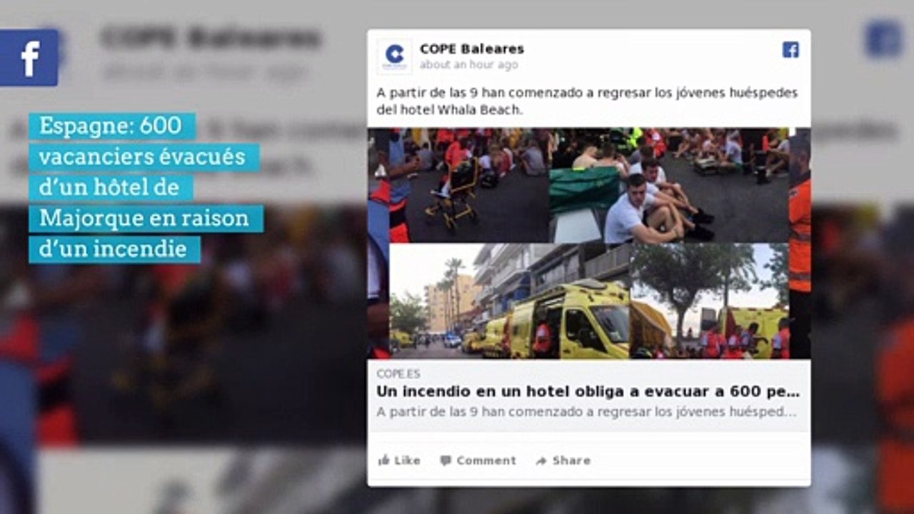 Majorque: incendie à l'hôtel Whala Beach à Playa de Palma