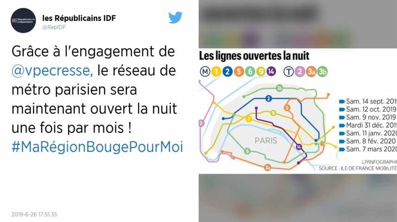 Paris : Des métros et tramways toute la nuit un samedi par mois de septembre à mars