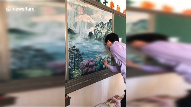 Chinese art teacher draws incredible landscapes on blackboard with chalk
