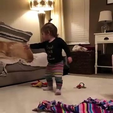 Ce bébé essaie de faire descendre son chien du fauteuil. A mourir de rire !