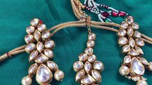 RAVISHING HEAVY HIGH QUALITY WHITE KUNDAN NECKLACE EARRING TIKKA SET