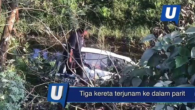 Tiga kereta terjunam dalam parit kerana pembinaan jalan