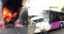 Belediye otobüsü alev alev yandı, özel halk otobüsü minibüse çarptı!