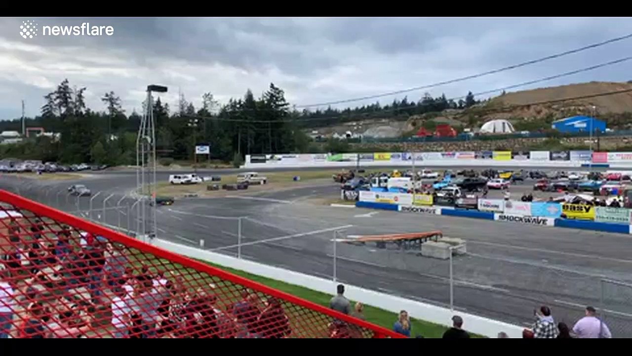 Stunt driver crashes into high stack of cars in British Columbia