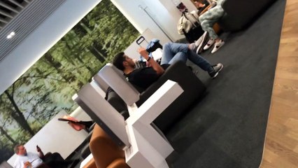 IMG_1586 Aruna & Hari Sharma working at Munich Lufthansa Business-Senator Lounge Gold at K-concourse before flying Bilbao Aug 15, 2019