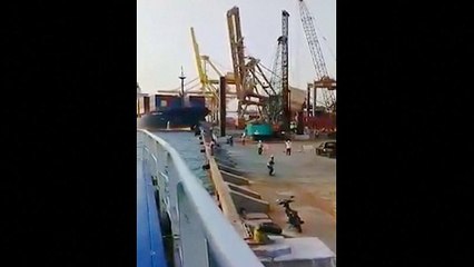 Containerschiff rammt Kran und bringt ihn zum Einsturz