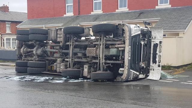 Cement mixer overturns in Blackpool