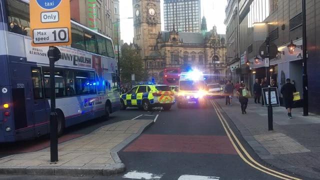 The scene of a serious accident in Sheffield city centre in which a man was reportedly 'hit by a bus'