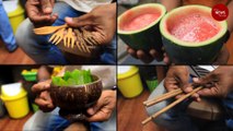 Tried juice served in fruit shells or noodles in earthen pots?