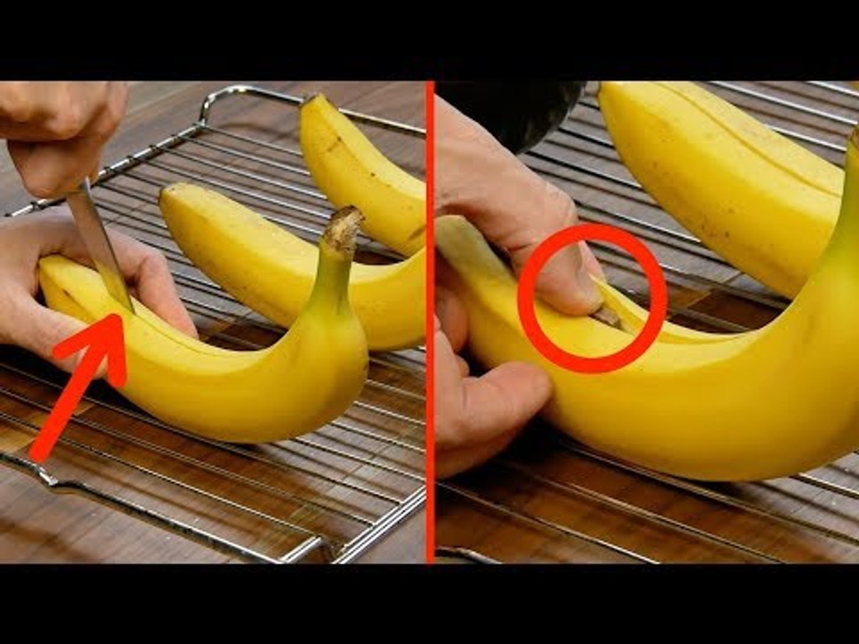 Genialer Alltagstrick: Er schlitzt 3 Bananen auf. Darum solltest du das auch tun!
