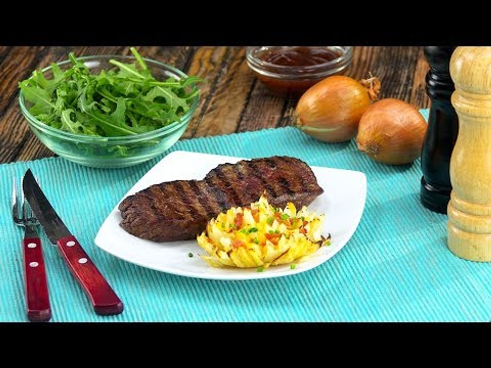 Hier wird es doppelt deftig dufte: Grillsteak mit Zwiebelblume.