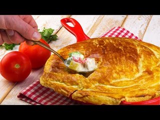 Sahne Hähnchen mit Blätterteigdecke - Rezept für ein Pfannengericht