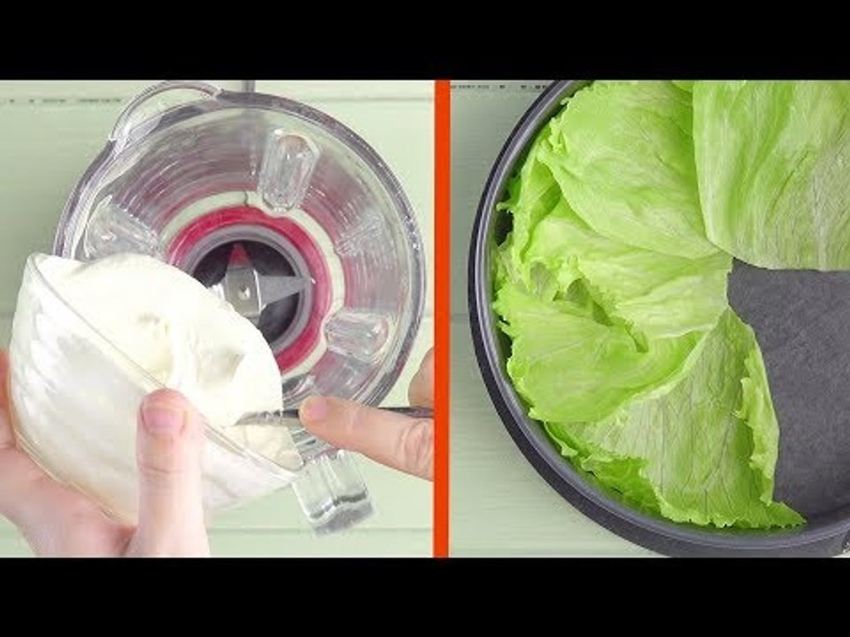 Schmeiß den Frischkäse in den Mixer und Salatblätter in...