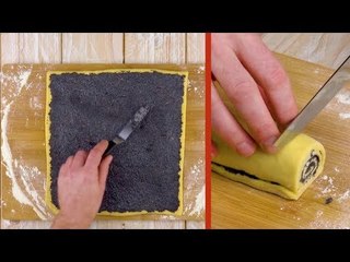 Bestreiche den Teig und zerschneide die Rolle! Danach wirst du staunen.