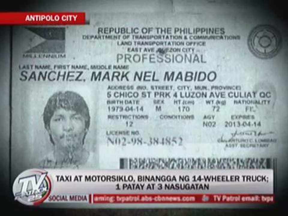 1 dead, 3 hurt as truck crashes into taxi, motorbike in Antipolo