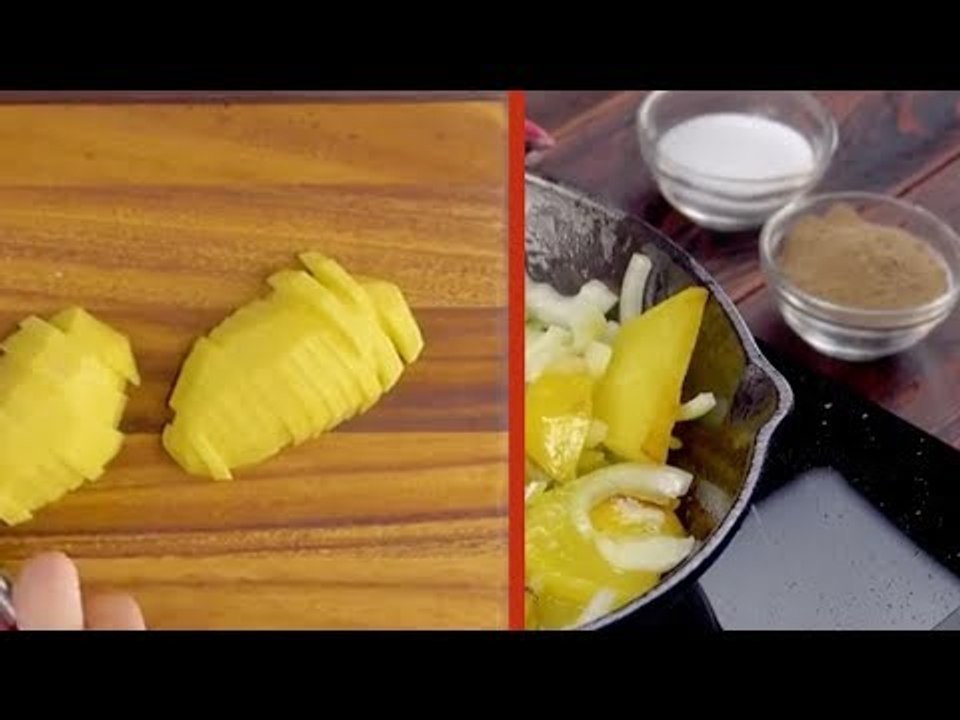 Corte as metades da batata em fatias e coloque-as na frigideira. Você certamente não resistirá!