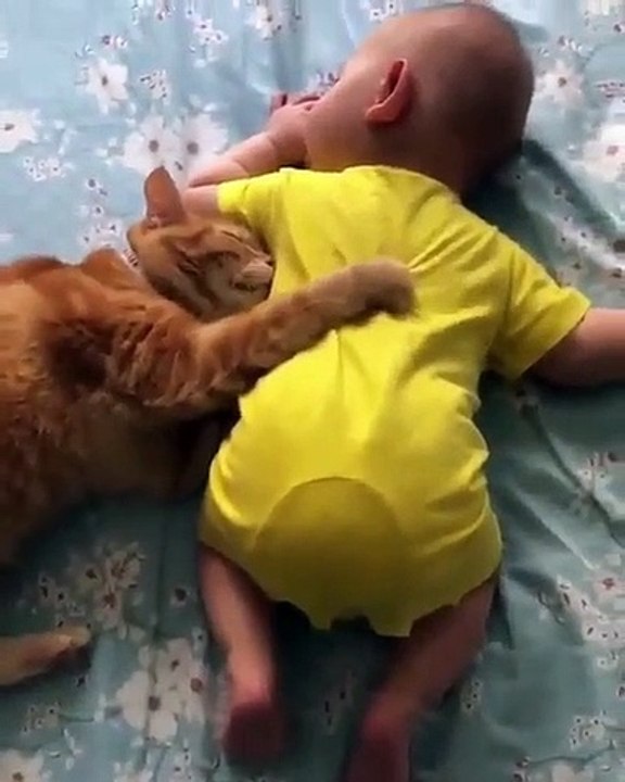 Bébé dort avec son ami le chat. Trop mimi !