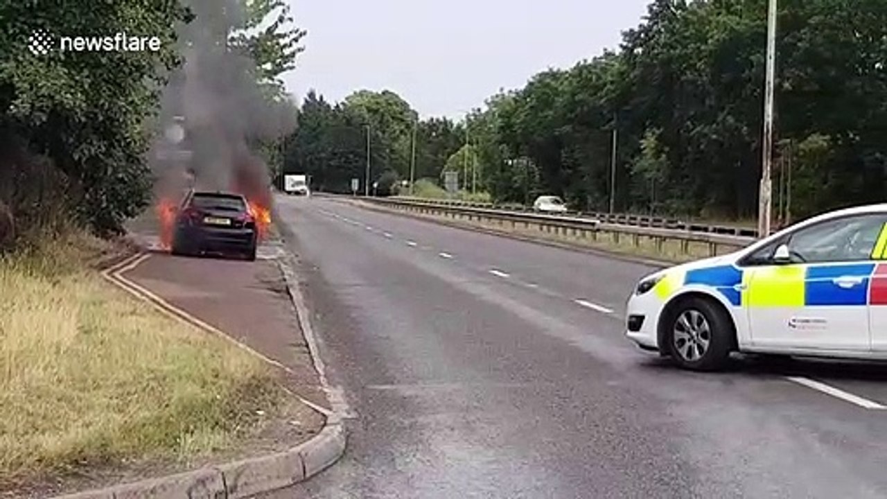 Car engulfed in flames amid UK summer heatwave