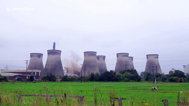 Power station cooling tower is demolished in the north of England