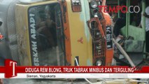 Diduga Rem Blong, Truk Tabrak Minibus dan Terguling