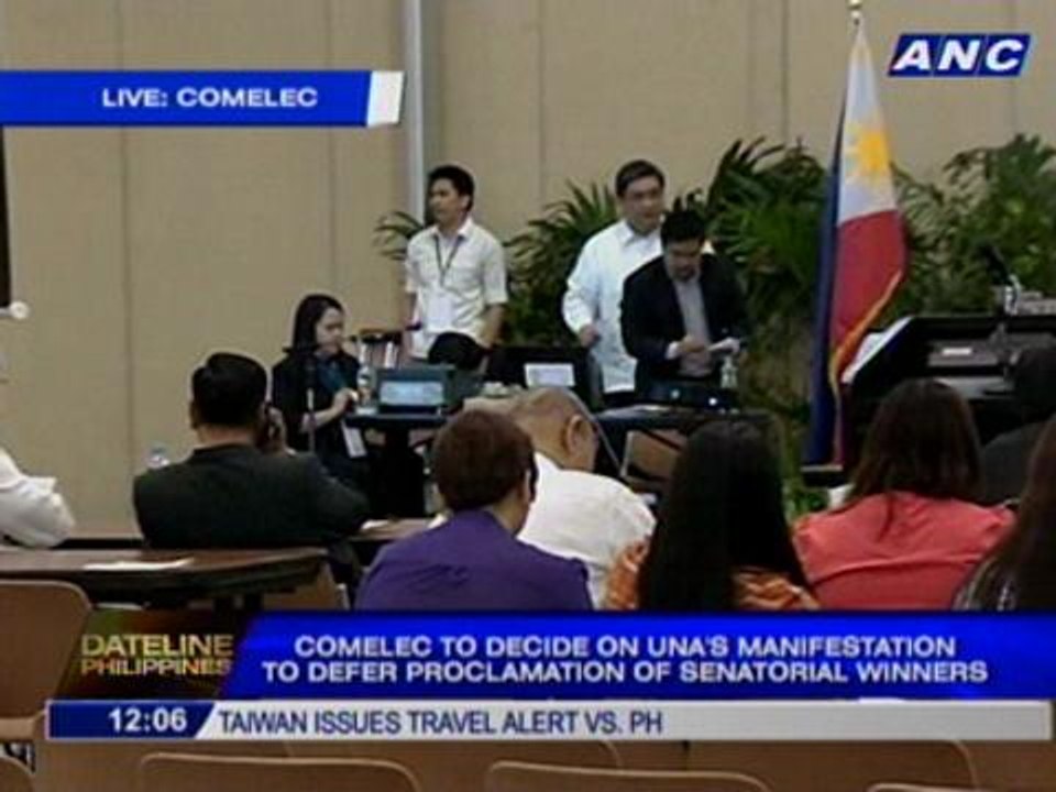 Comelec to decide on UNA's manifestation to defer proclamation of senatorial winners