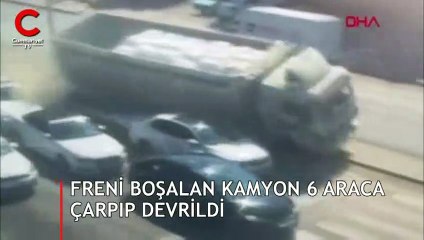 Freni boşalan kamyon 6 araca çarpıp, devrildi