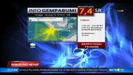 Gempa 7,4 SR Berpusat di Barat Daya Banten, Berpotensi Tsunami