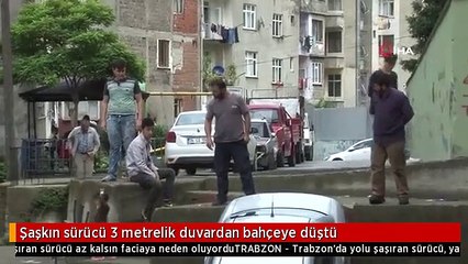 Şaşkın sürücü 3 metrelik duvardan bahçeye düştü