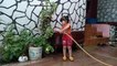 Water Gushes From Hose and Sprays Little Girl as She Waters Plants