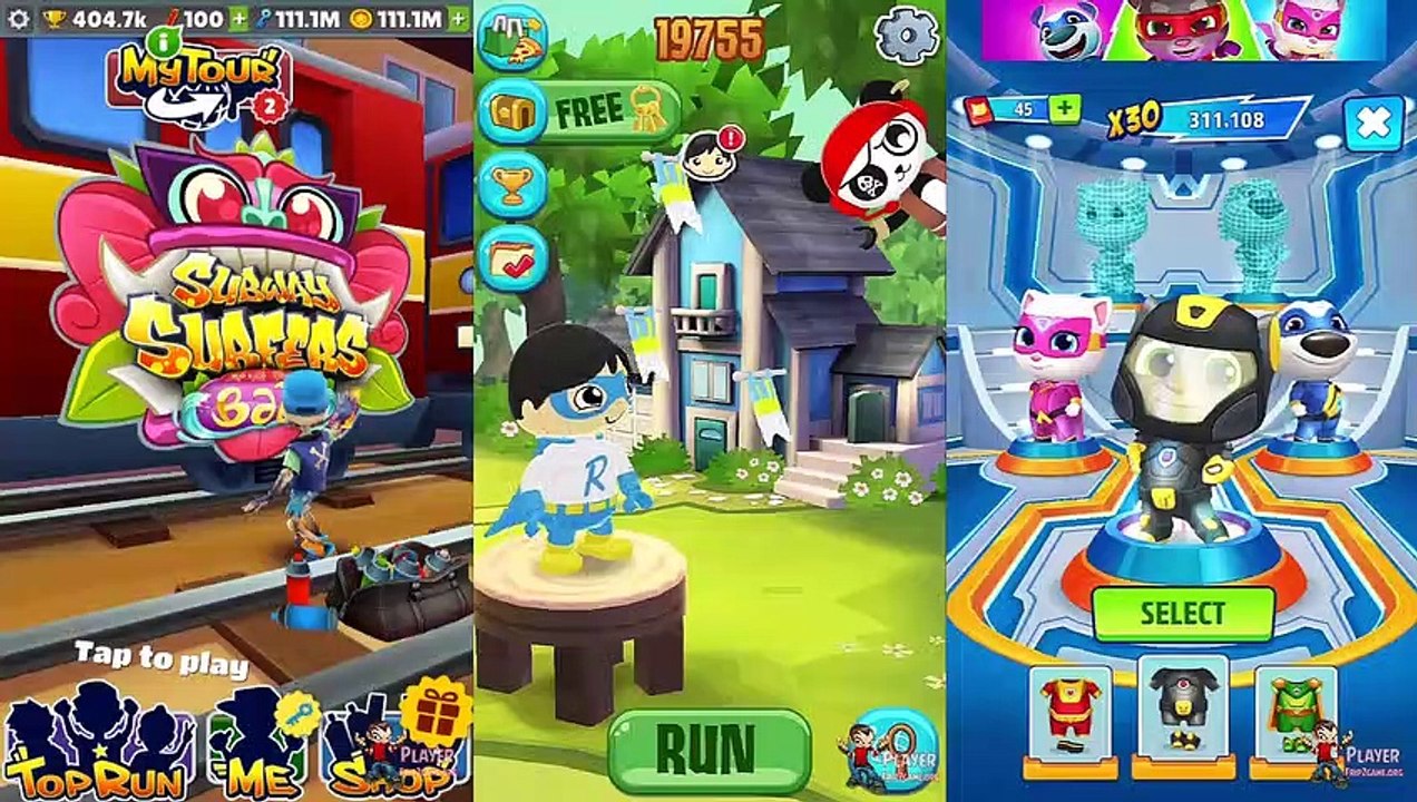 Subway-Surfers-Bali-2019-Many-Vs-Tag-with-Ryan-Vs-Talking-Tom-Hero-Dash-Super-Black-Tom-Gameplay-Walkthrough