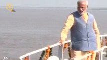 PM Modi Reaches Dahej via Ro-Ro Ferry
