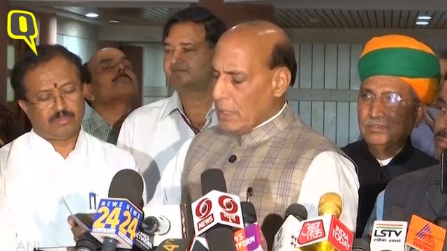 Defence Minister Rajnath Singh after conclusion of the meeting of Presidents of all parties called by PM Modi