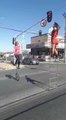 Two Street Performers Balance on Unicycle and Ladder and Juggle Pins