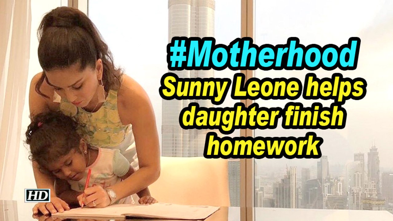 #Motherhood: Sunny Leone helps daughter finish homework